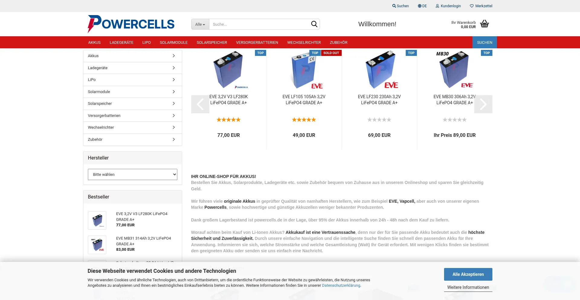 Website screenshot of Powercells.de