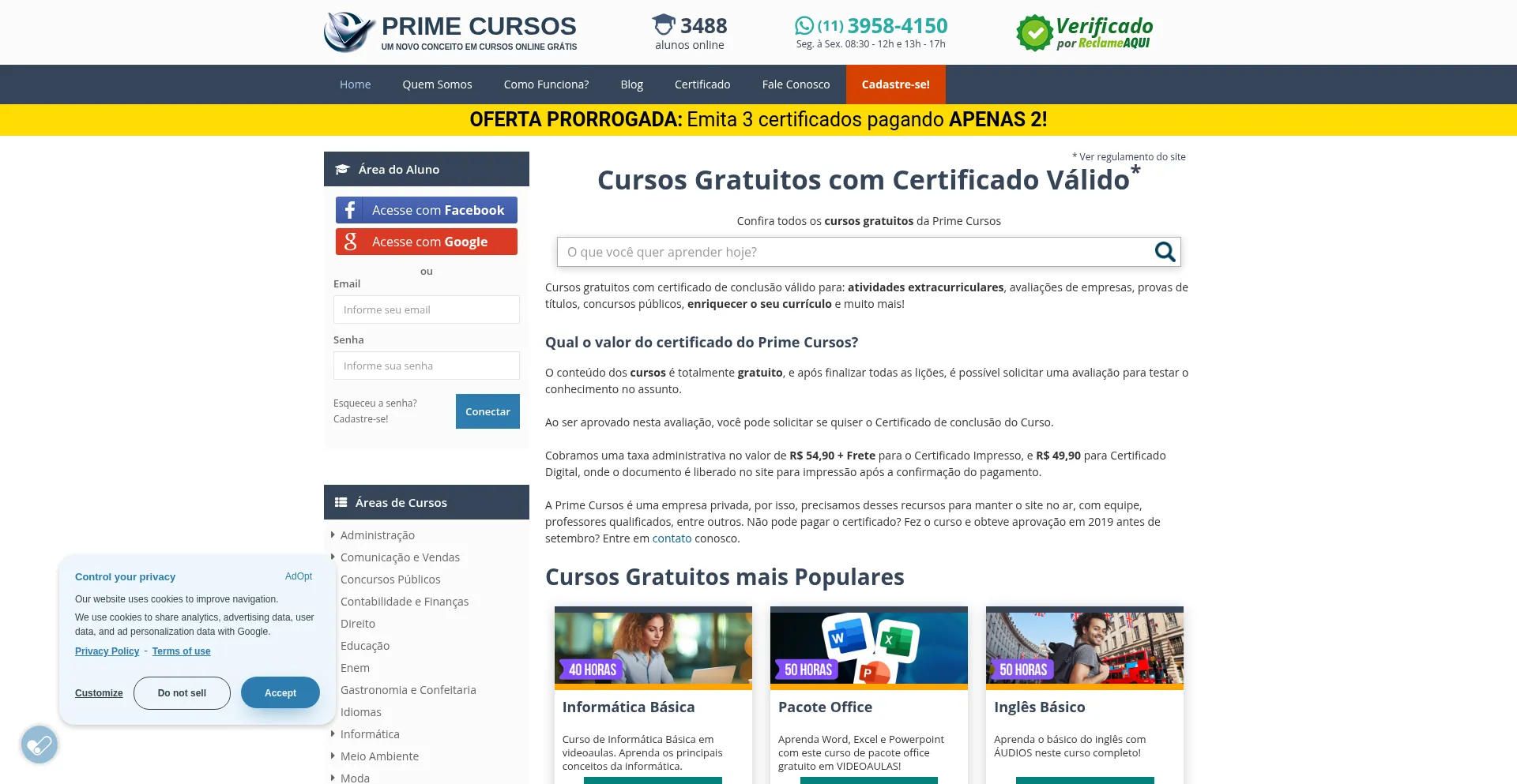 Website screenshot of Primecursos.com.br