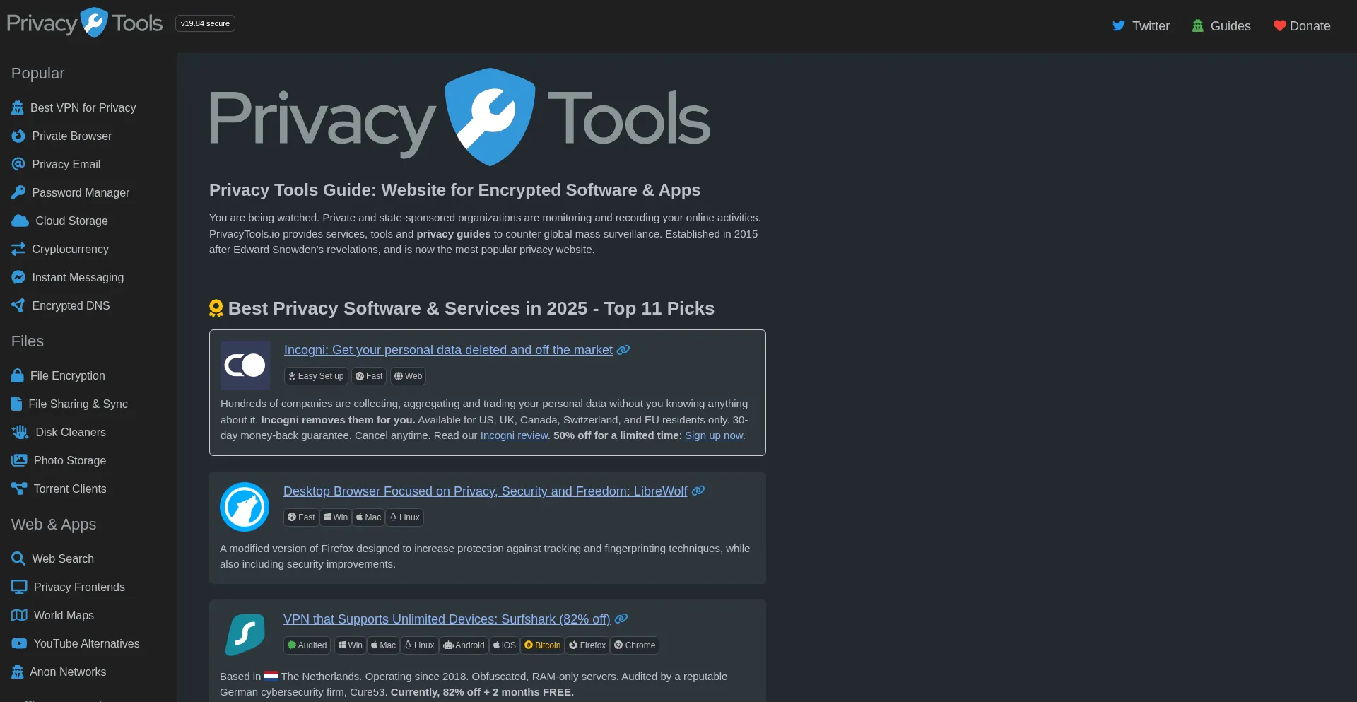 Website screenshot of Privacytools.io