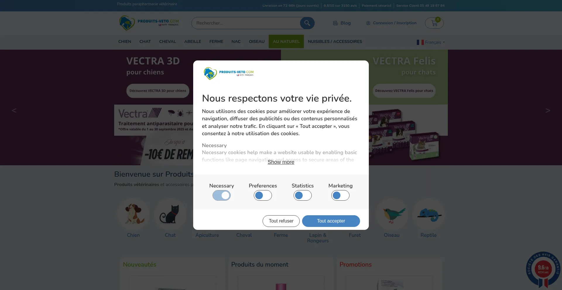 Website screenshot of Produits-veto.com