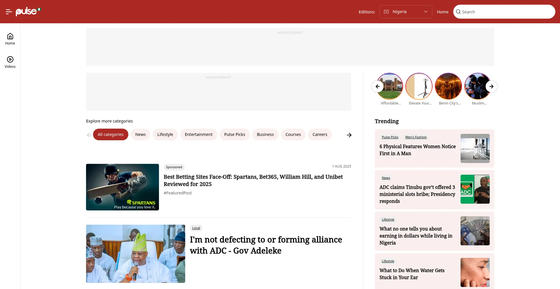 Website screenshot of Pulse.ng