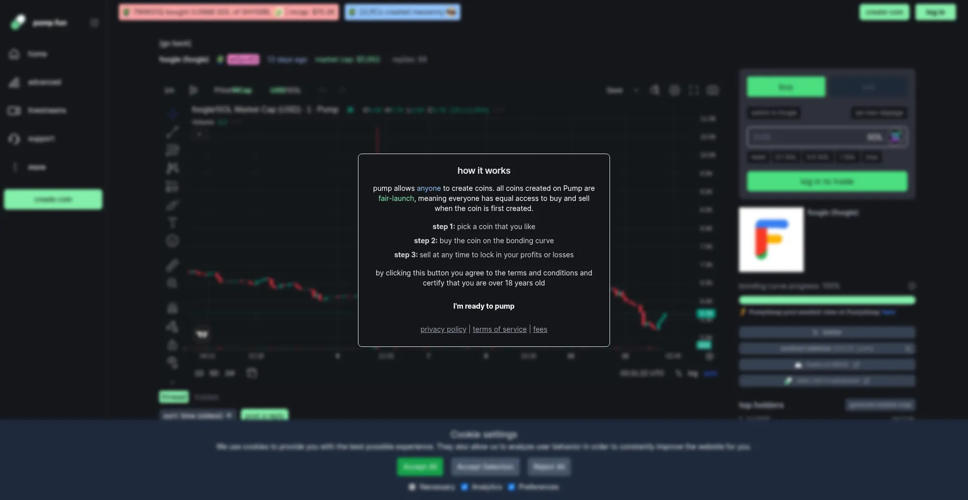 Website screenshot of Pump.fun.ong