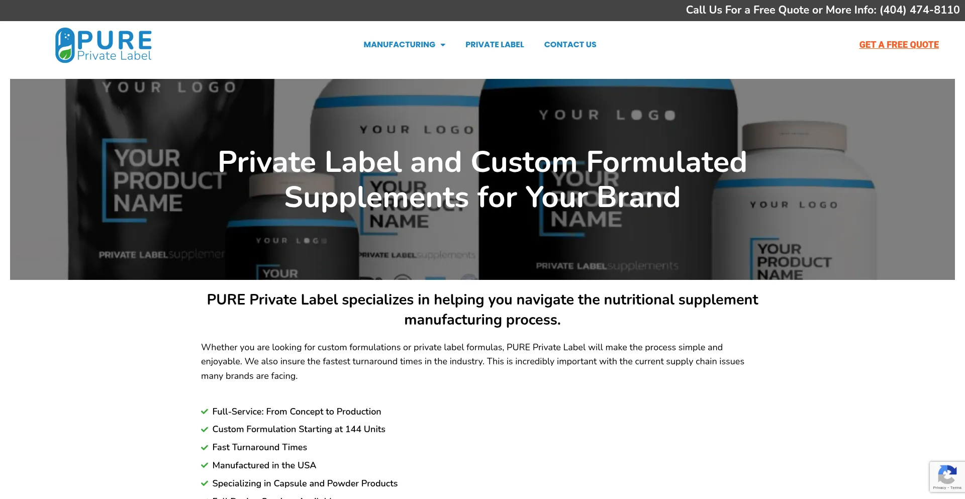 Website screenshot of Pureprivatelabel.com