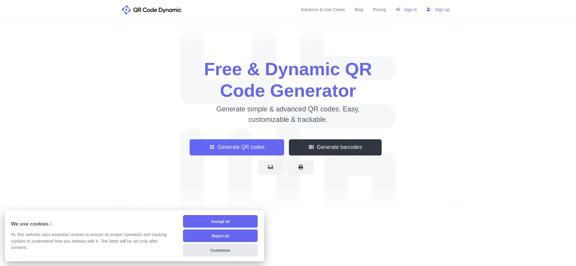 Website screenshot of Qrcodedynamic.com