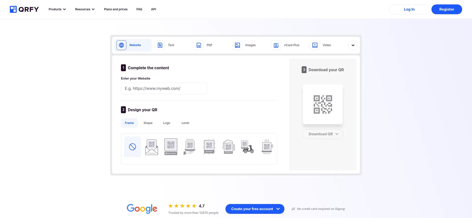 Website screenshot of Qrfy.com