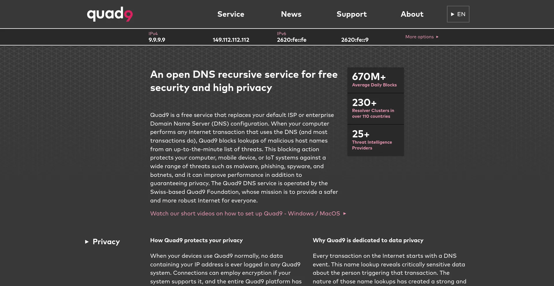 Website screenshot of Quad9.net