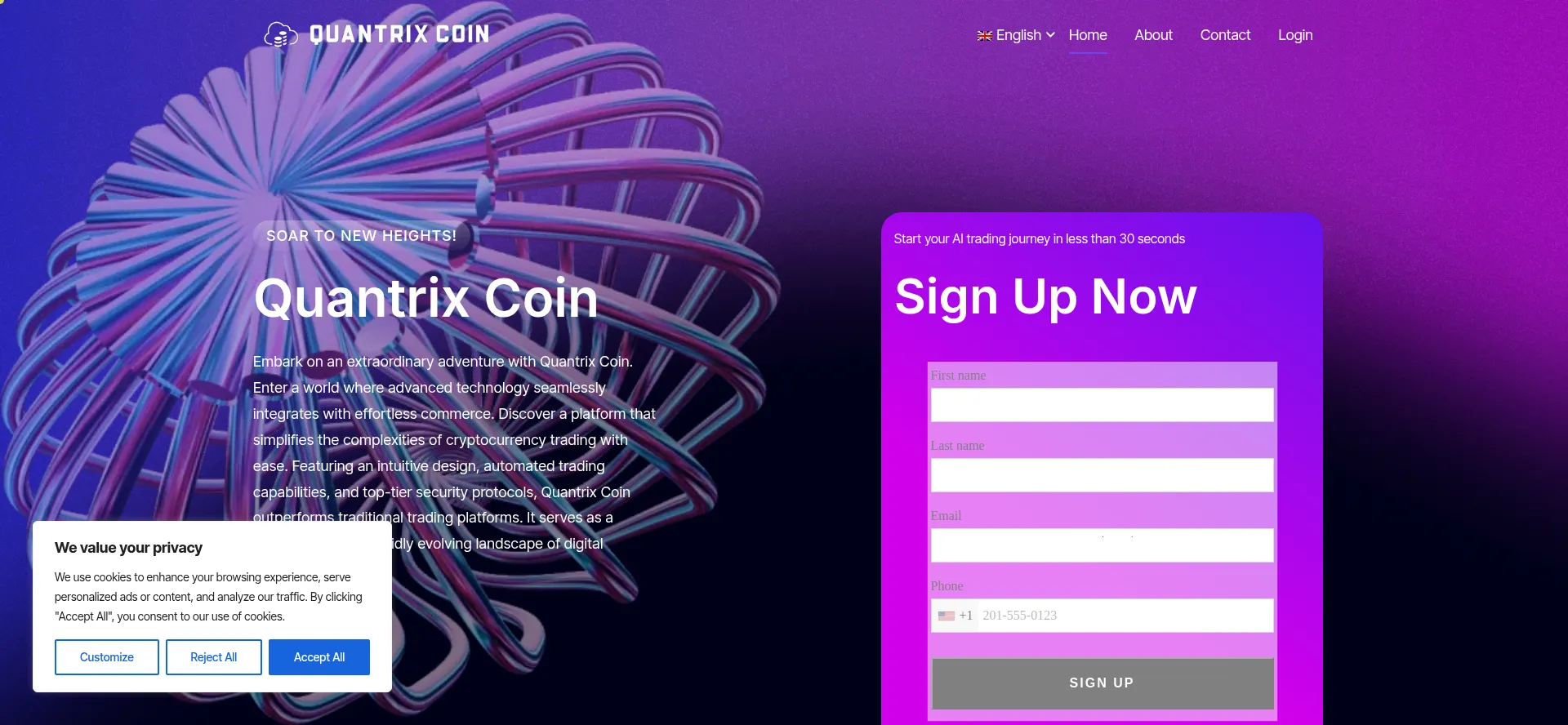 Website screenshot of Quantrixcoin.com