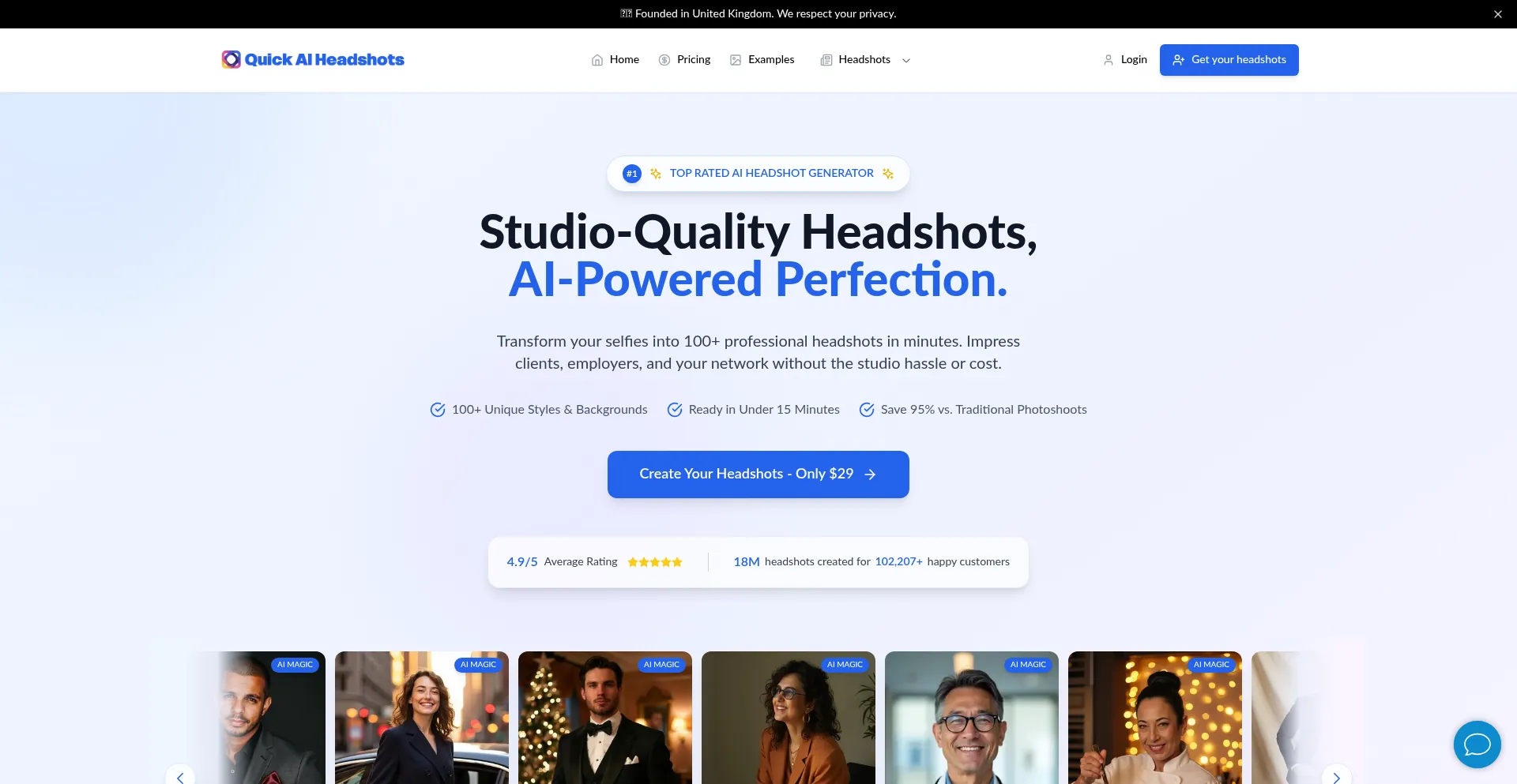 Website screenshot of Quickaiheadshots.com