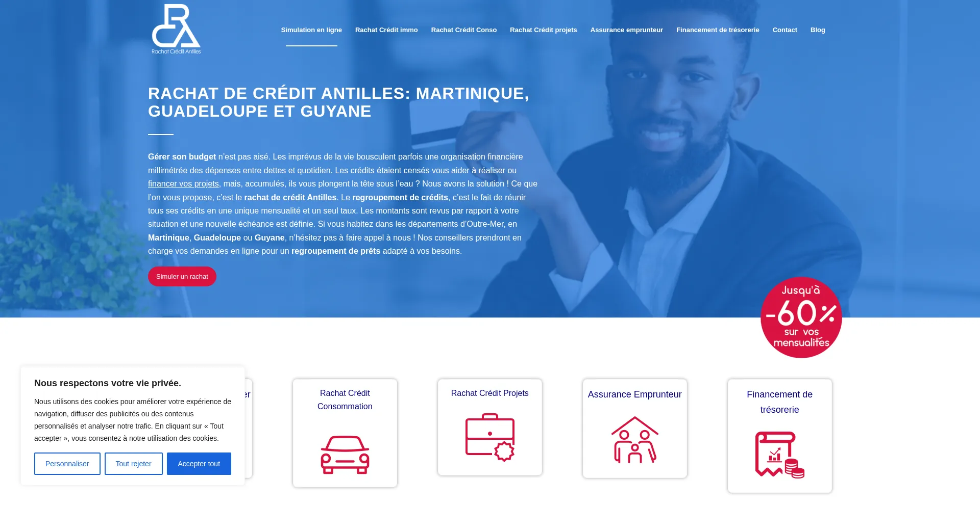 Website screenshot of Rachat-credit-antilles.fr