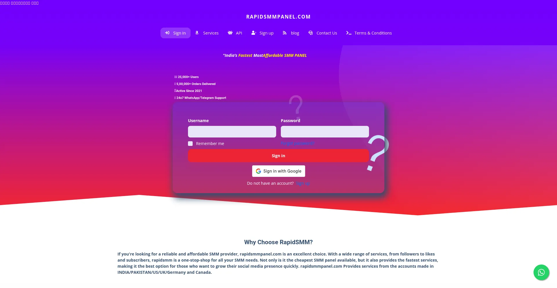 Website screenshot of Rapidsmmpanel.com