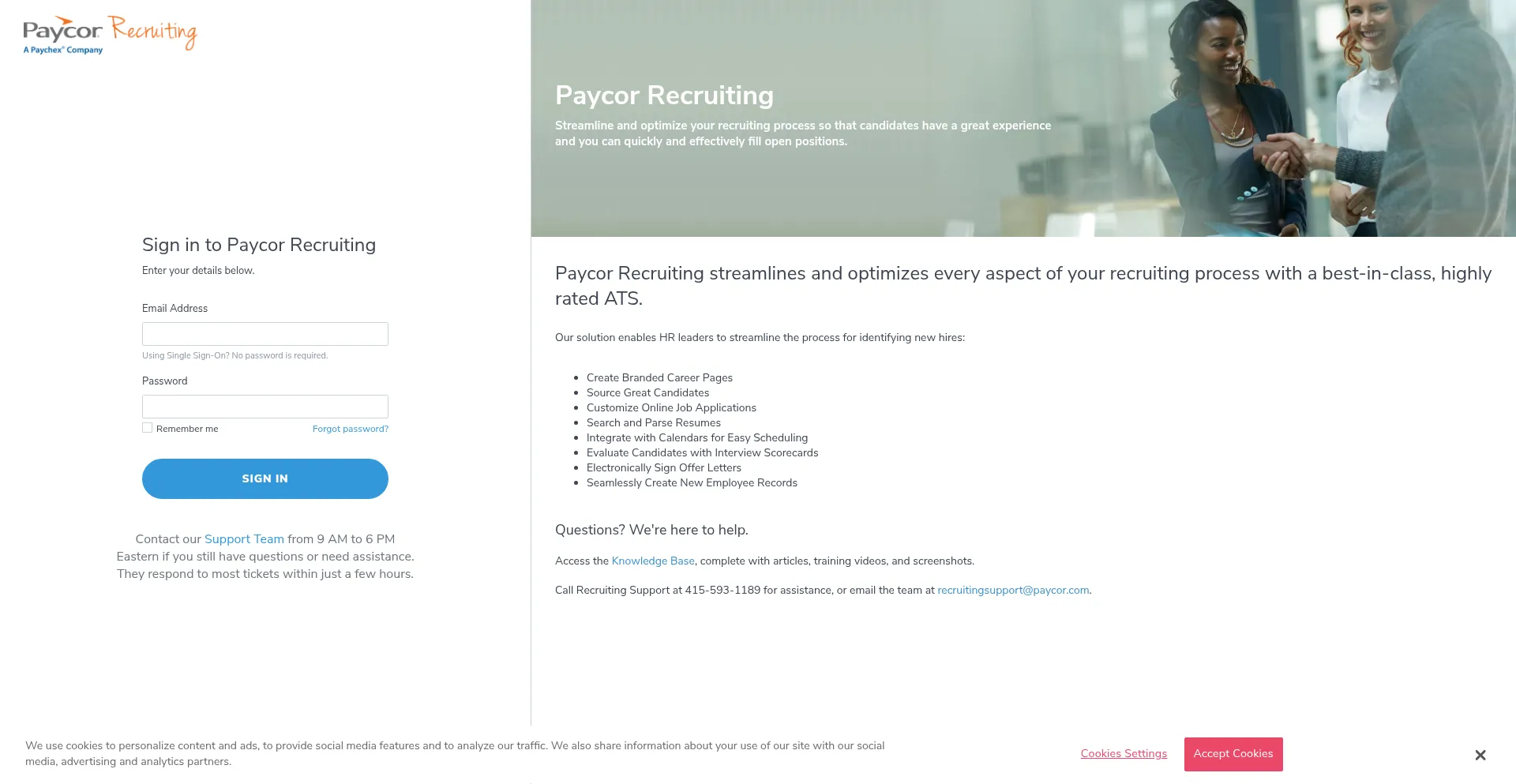 Website screenshot of Recruitingbypaycor.com