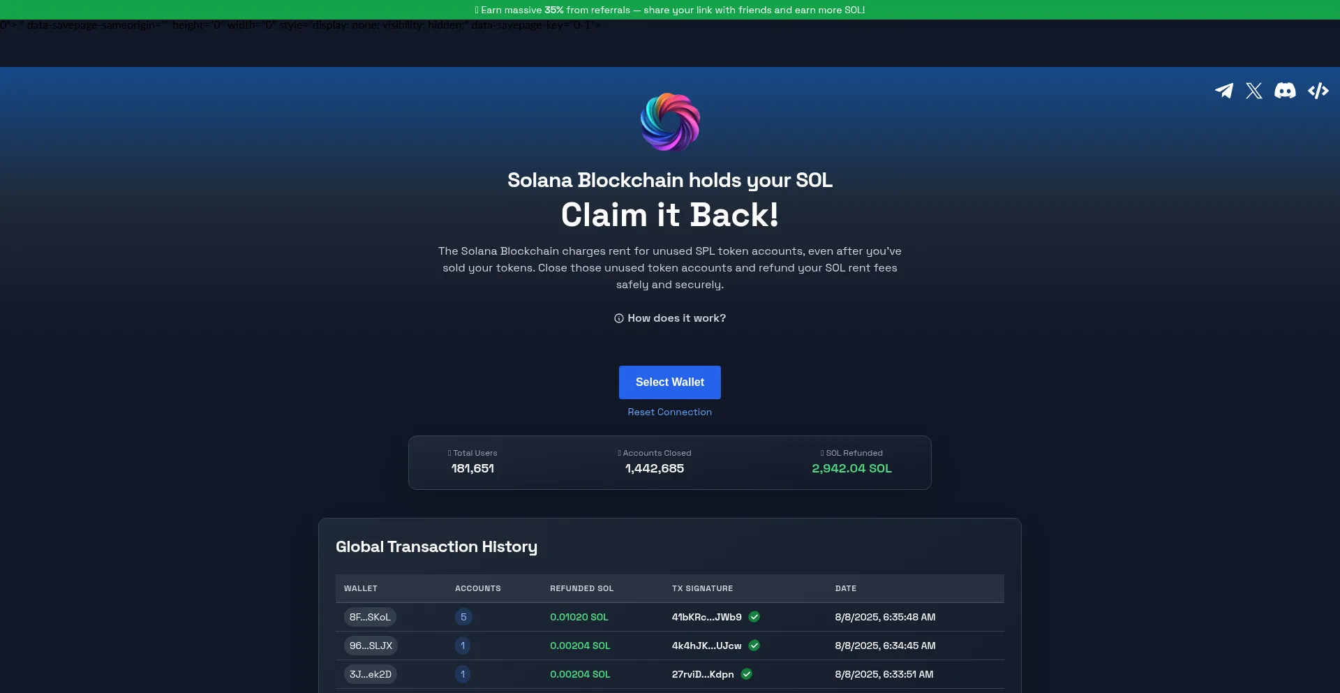 Website screenshot of Refundyoursol.io