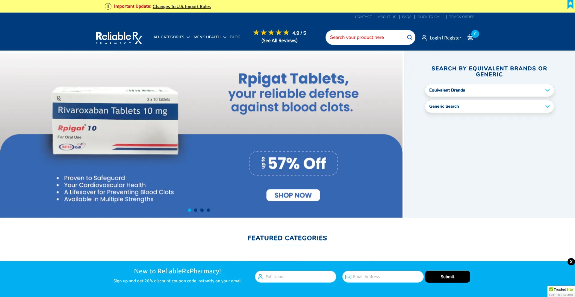 Website screenshot of Reliablerxpharmacy.com