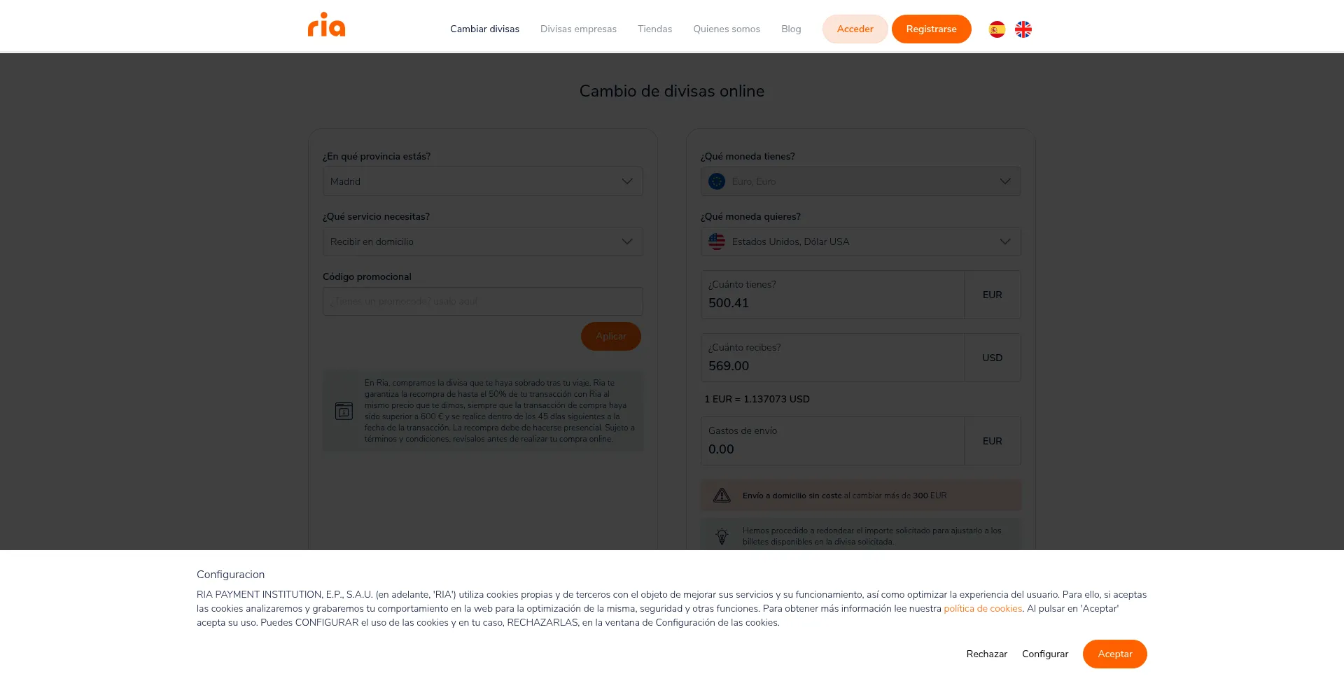 Website screenshot of Riacurrencyexchange.es