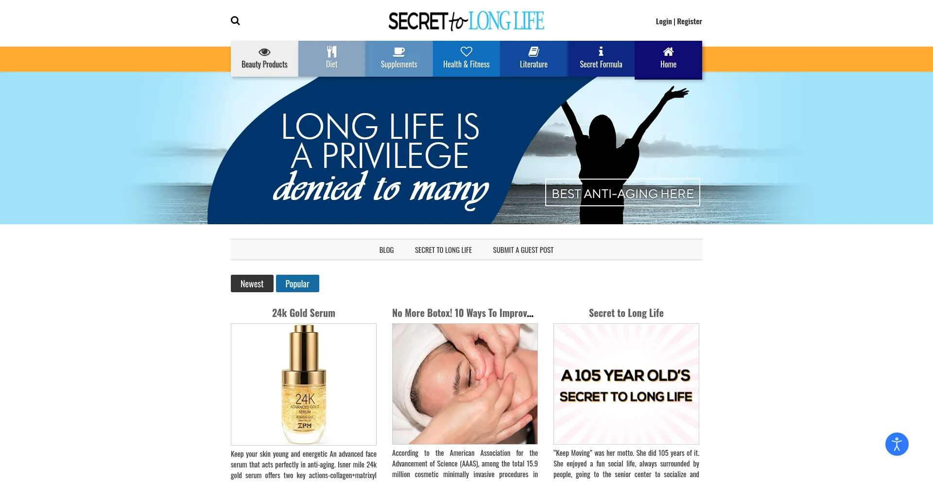 Website screenshot of Secrettolonglife.com