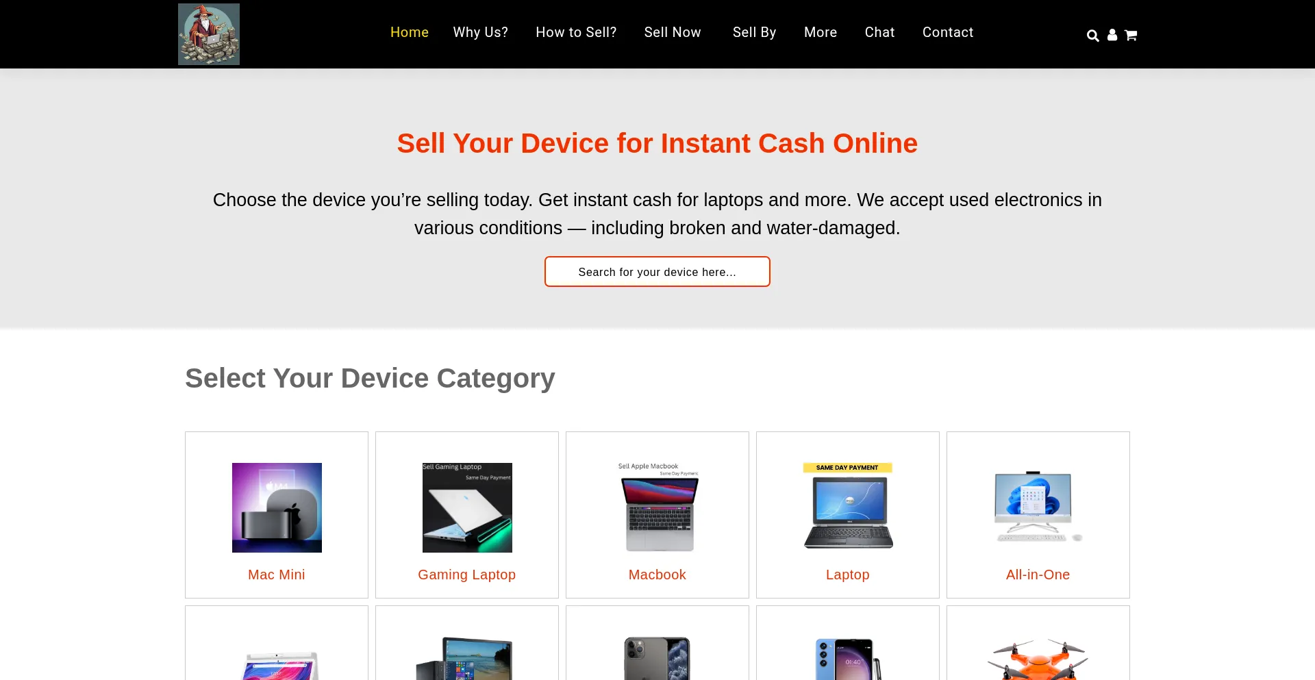 Website screenshot of Sellmylaptops.com