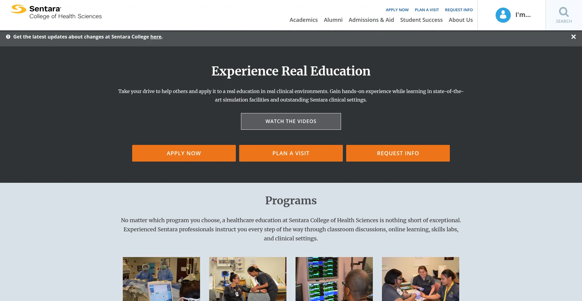 Website screenshot of Sentara.edu