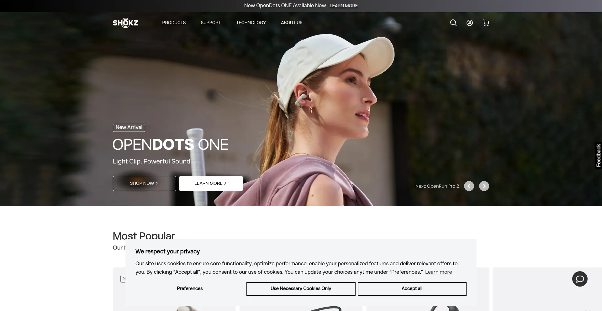 Website screenshot of Shokz.com