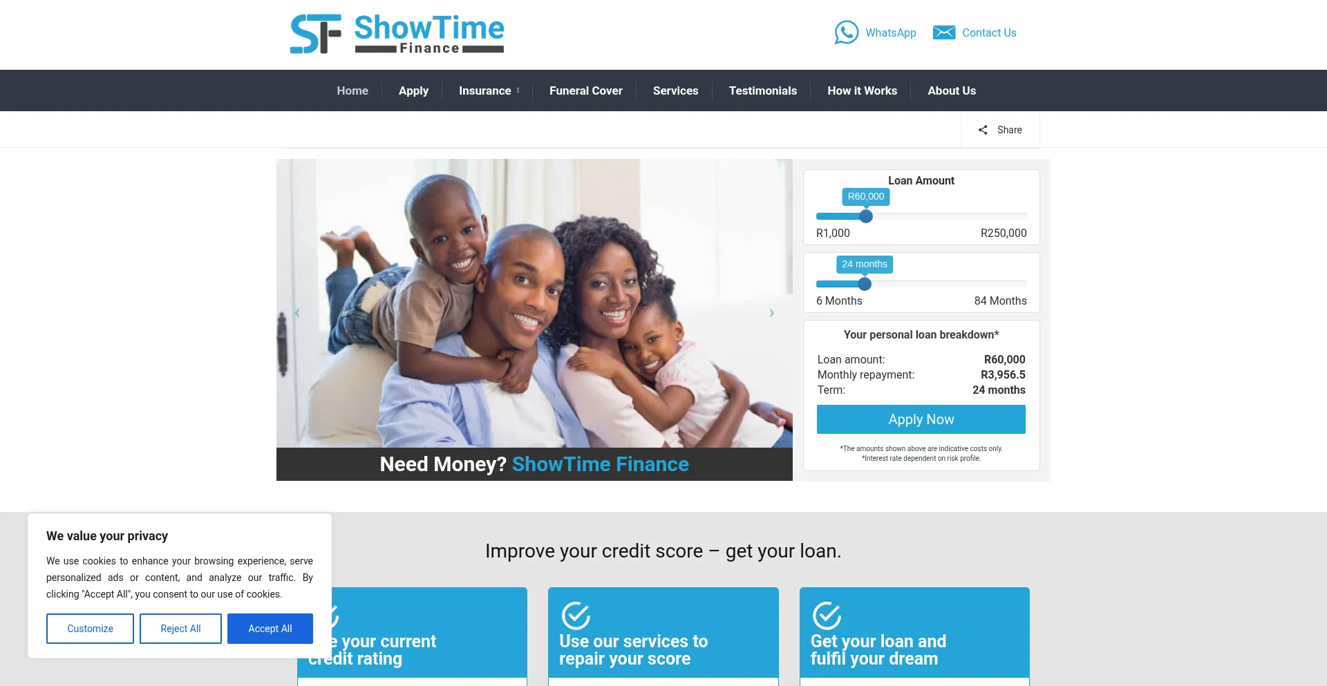 Website screenshot of Showtimefinance.co.za