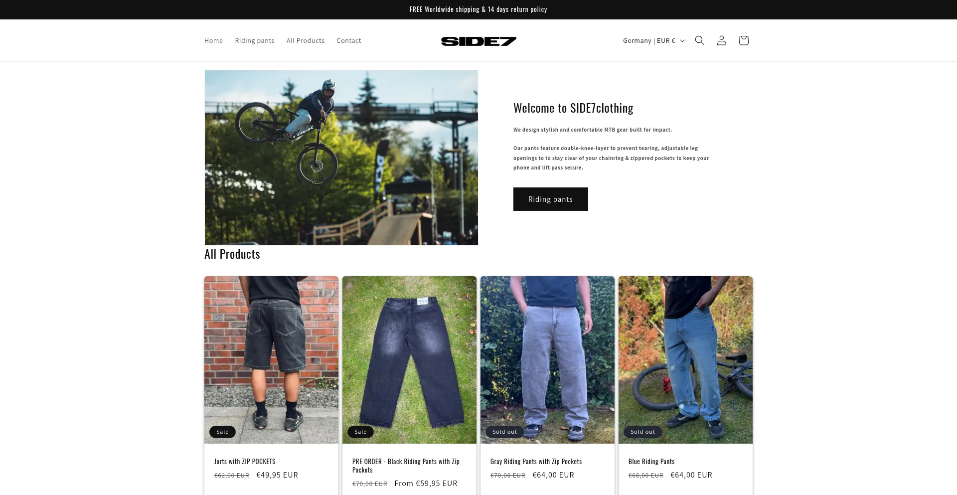 Website screenshot of Side7clothing.com