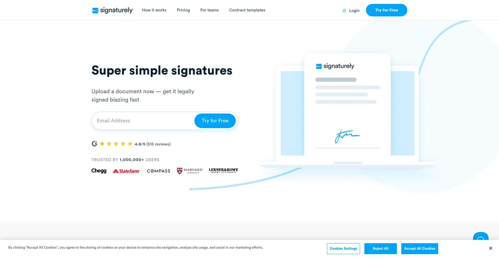 Website screenshot of Signaturely.com
