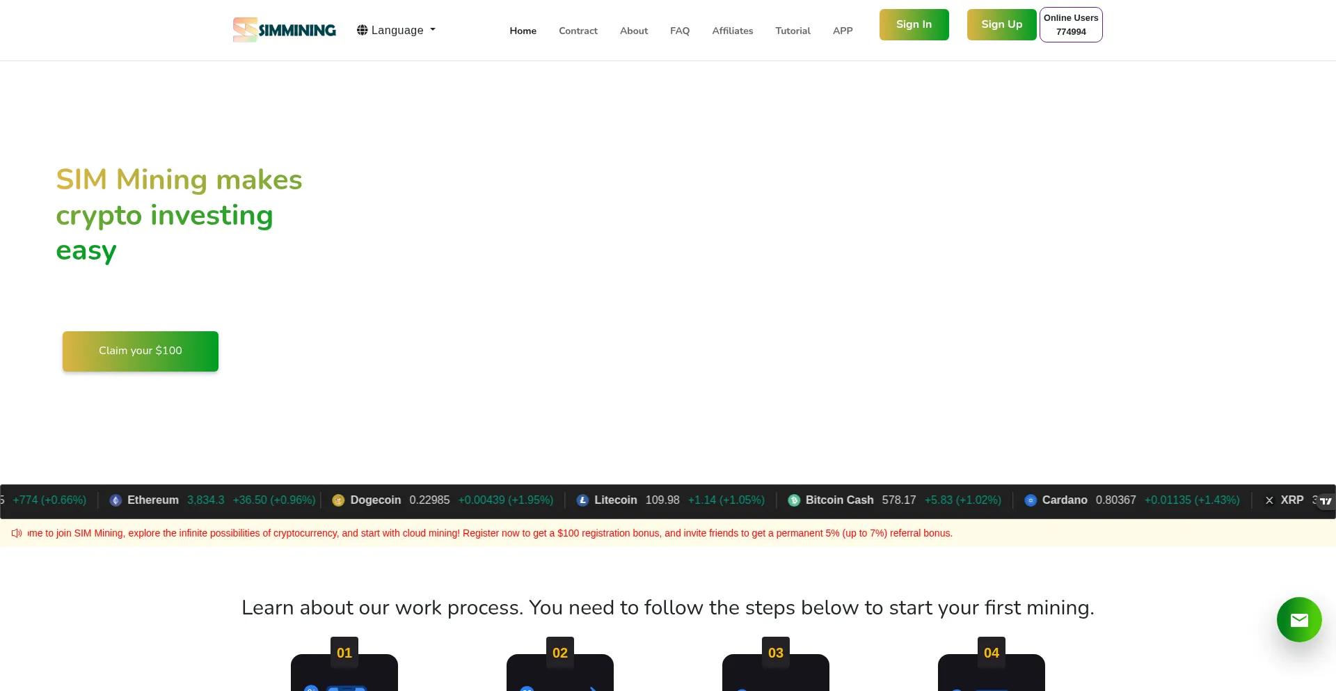 Website screenshot of Simmining.com