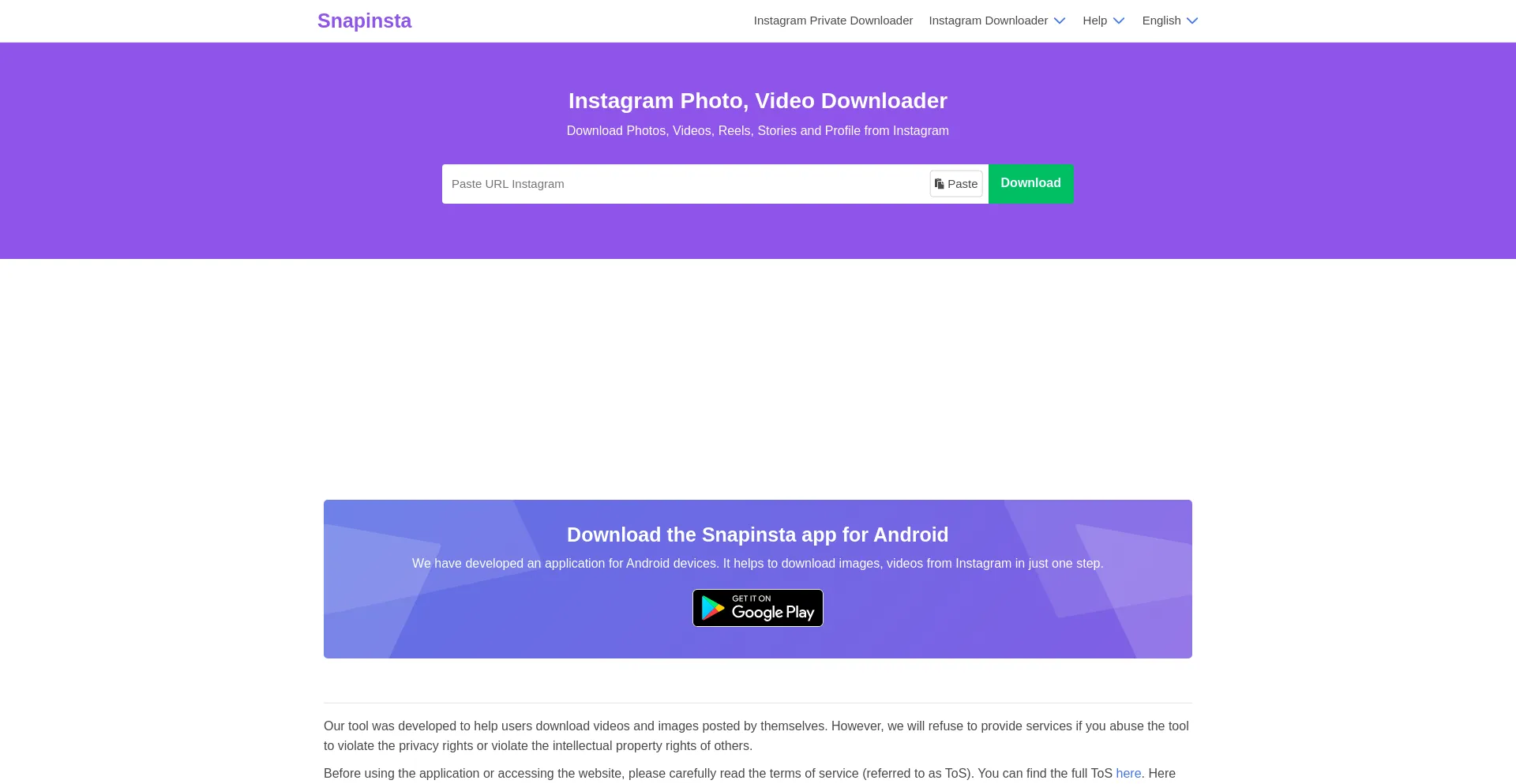 Website screenshot of Snapinsta.to