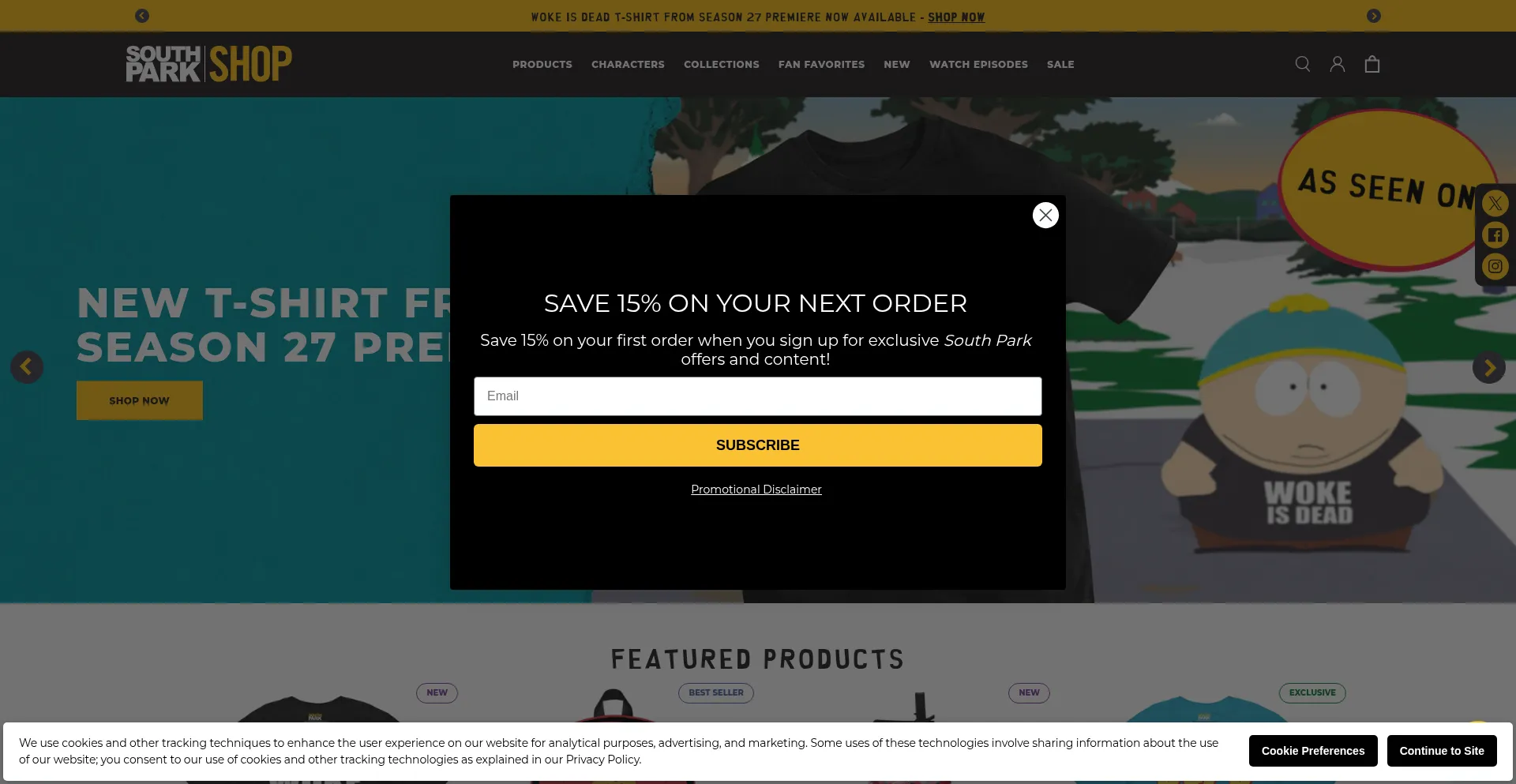 Website screenshot of Southparkshop.com
