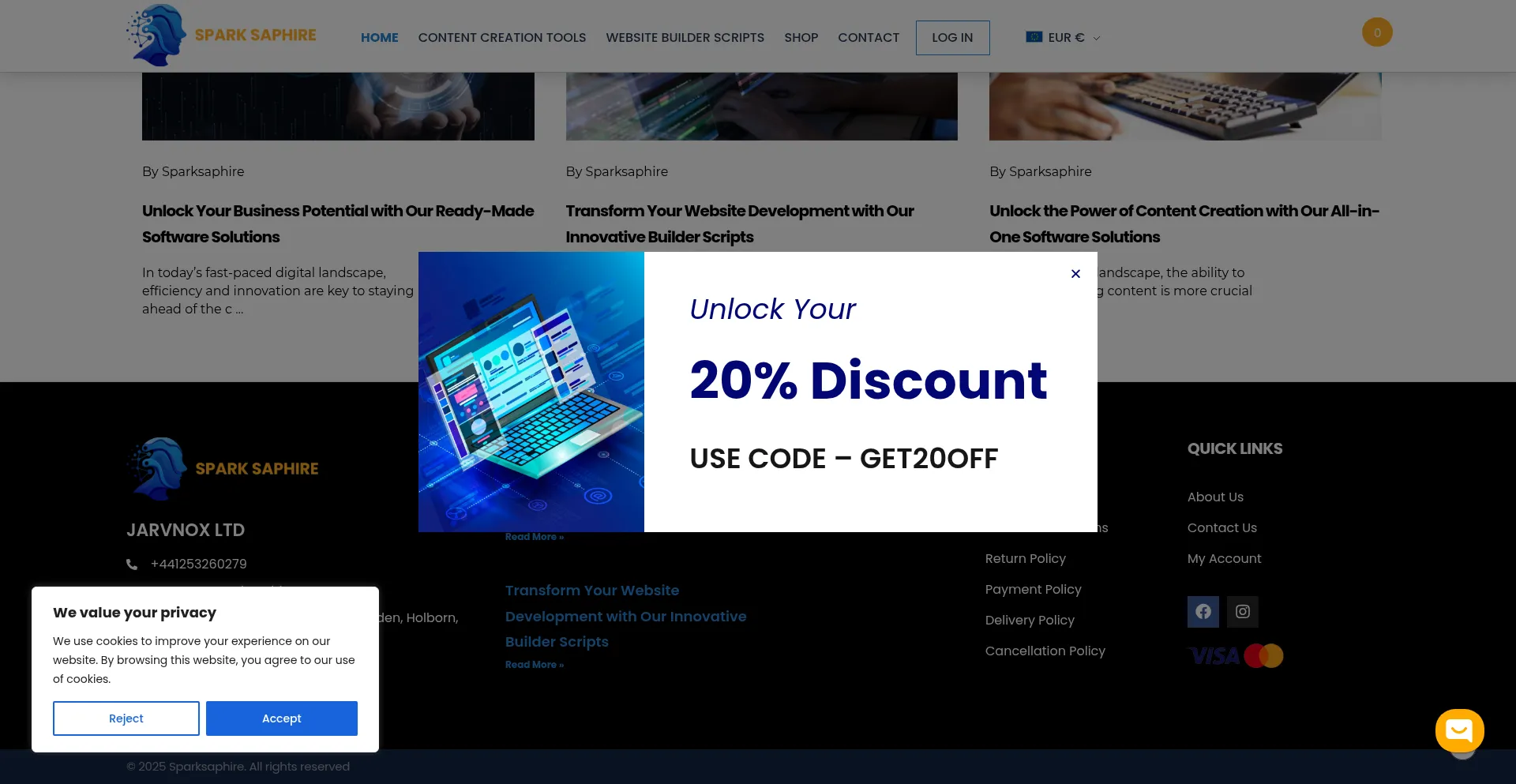 Website screenshot of Sparksaphire.com