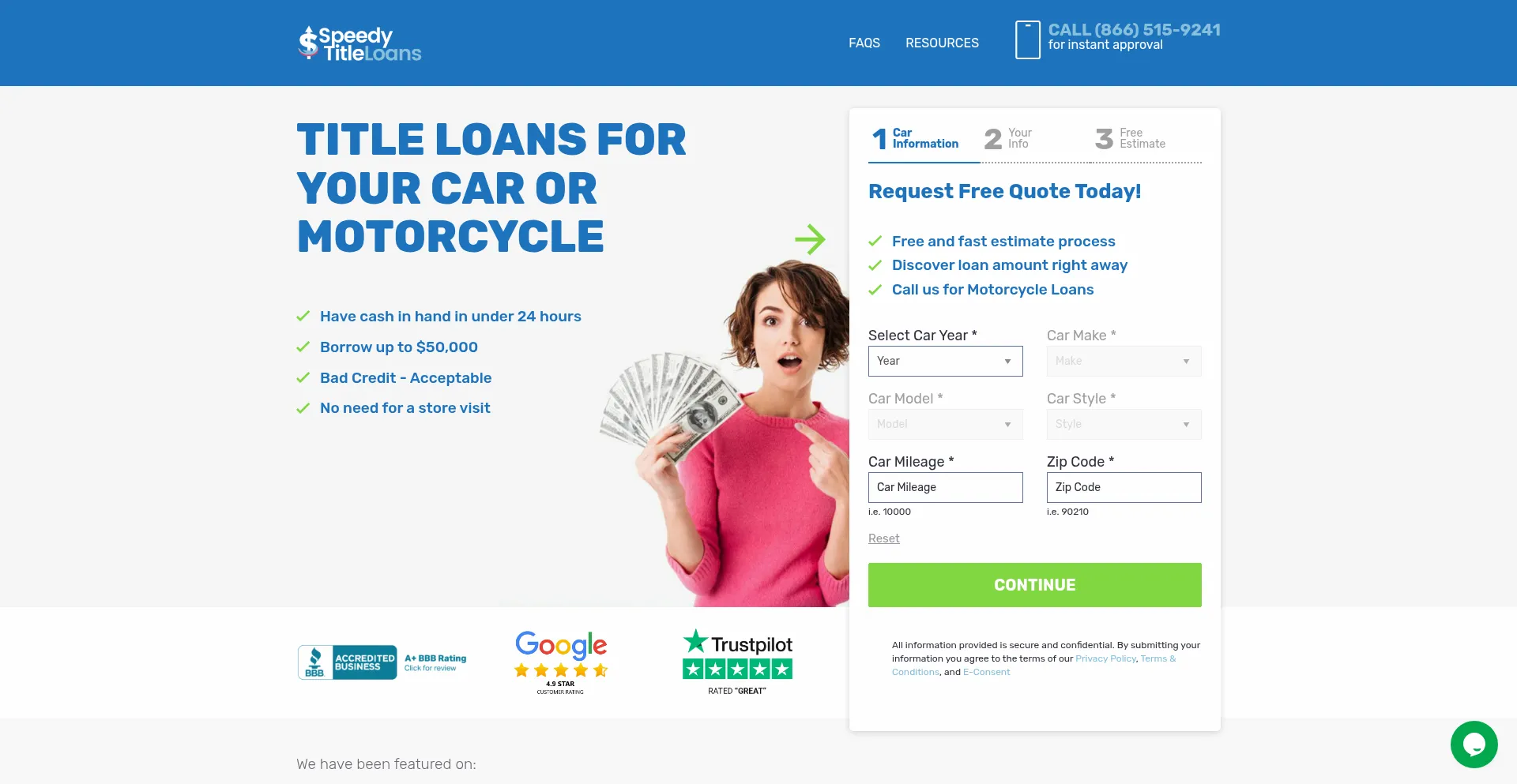 Website screenshot of Speedytitleloans.net