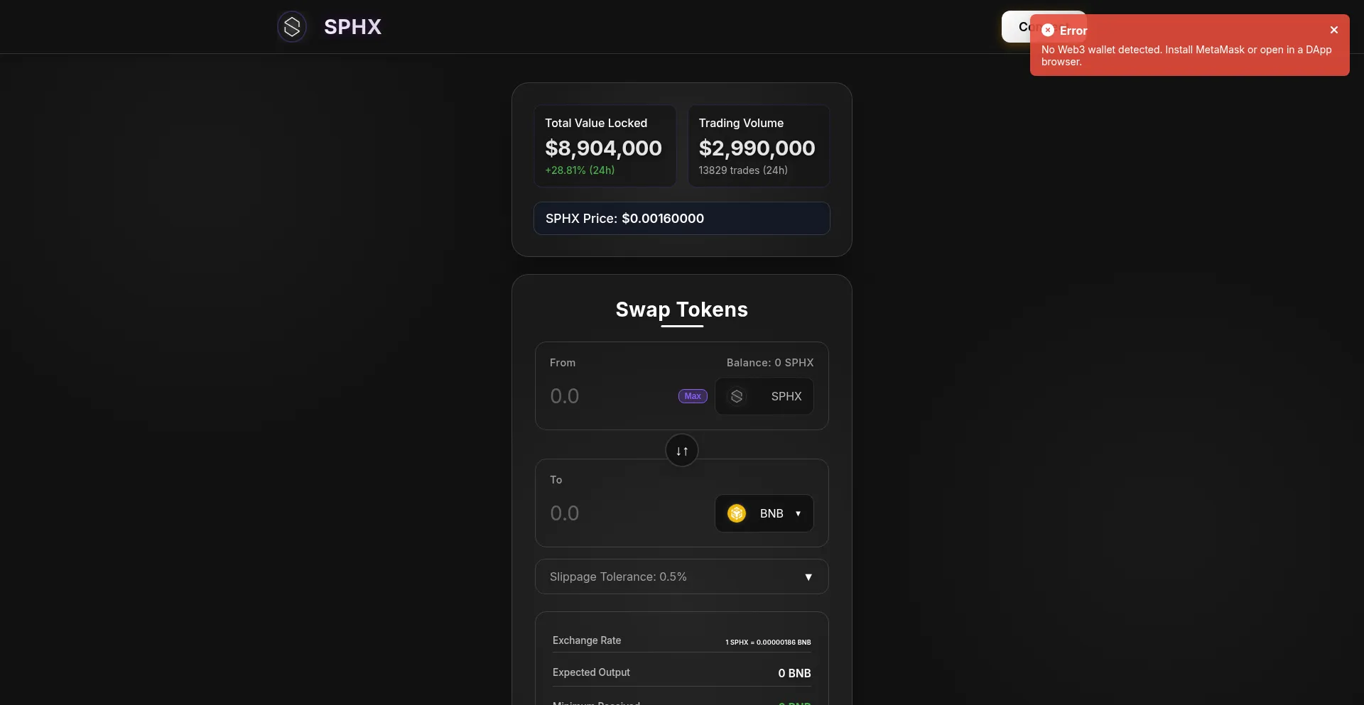 Website screenshot of Sphxswap.com