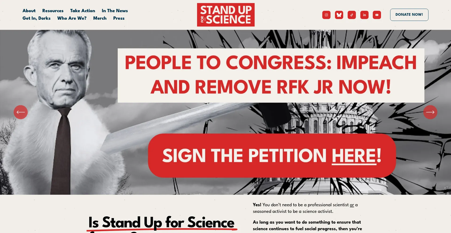Website screenshot of Standupforscience.net