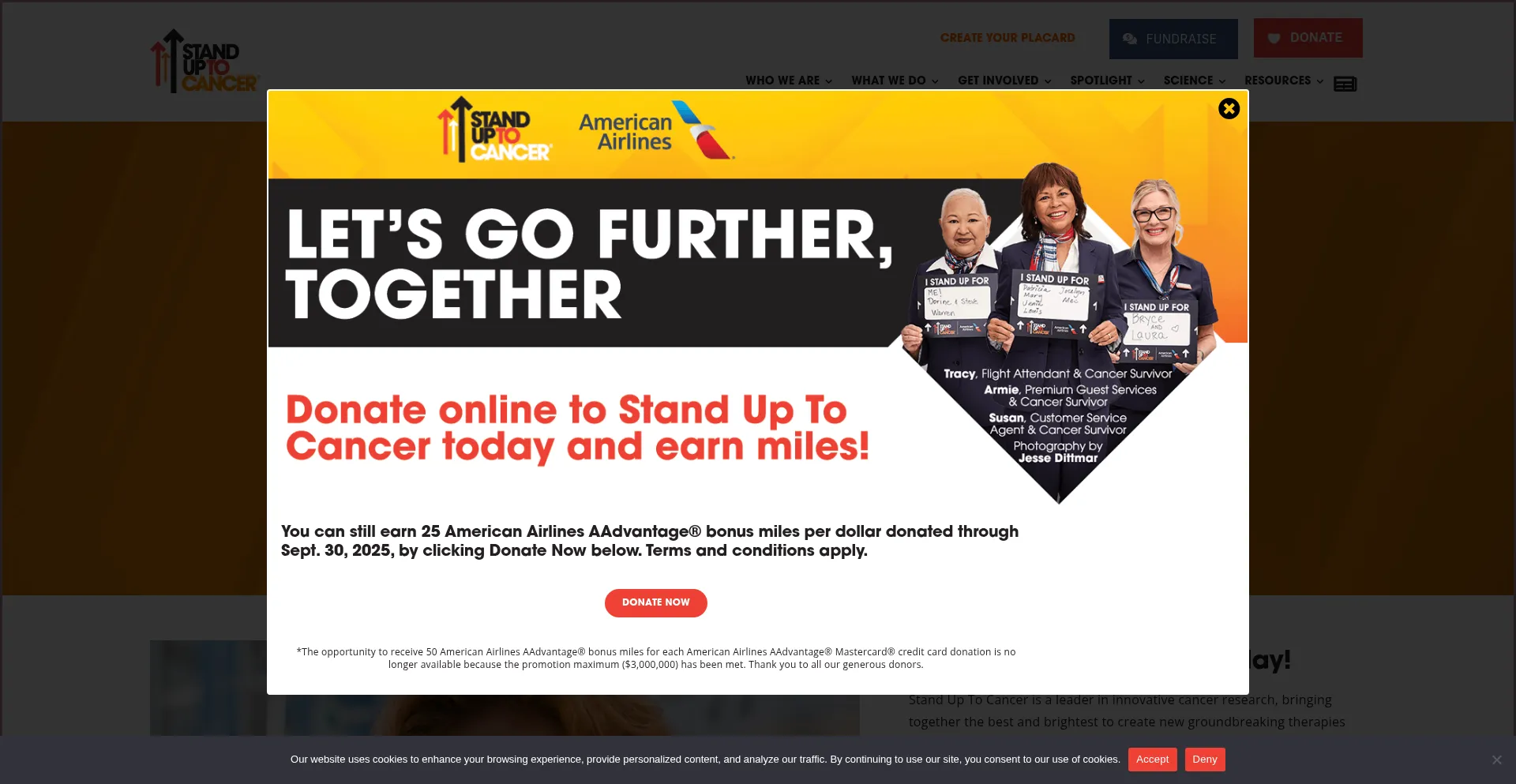 Website screenshot of Standuptocancer.org