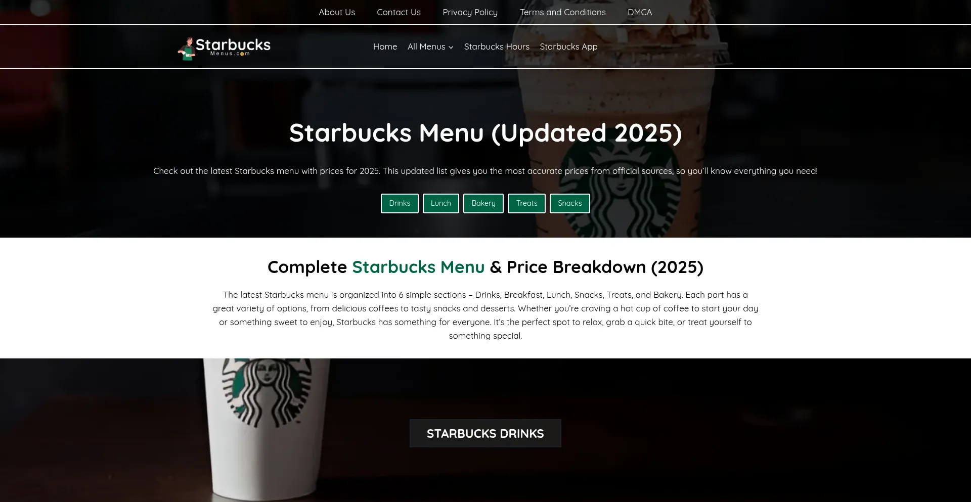 Website screenshot of Starbucks-menus.com