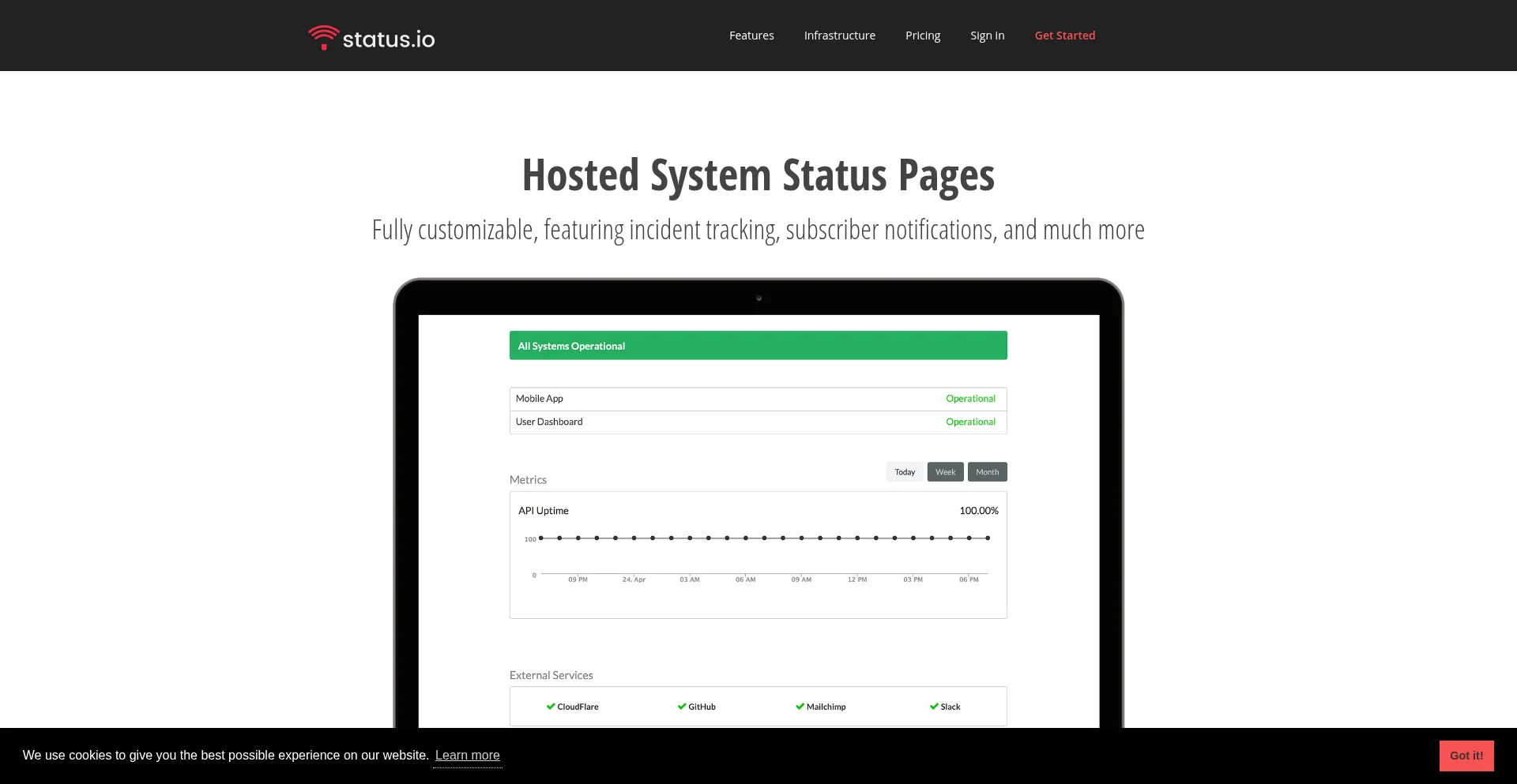 Website screenshot of Status.io