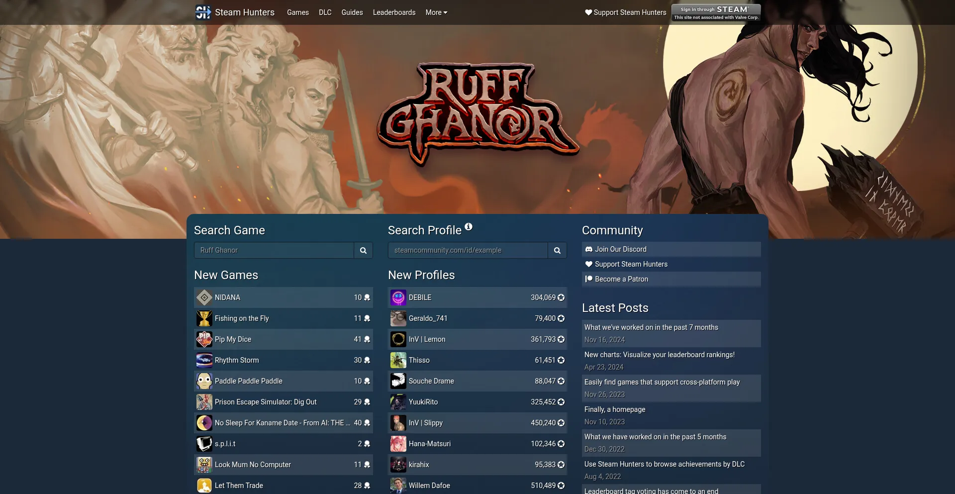 Website screenshot of Steamhunters.com