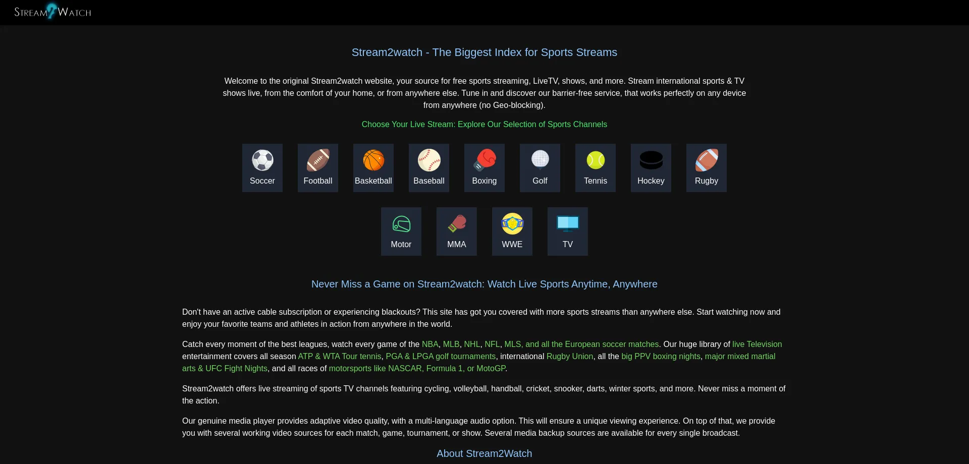 Website screenshot of Stream2watch.com