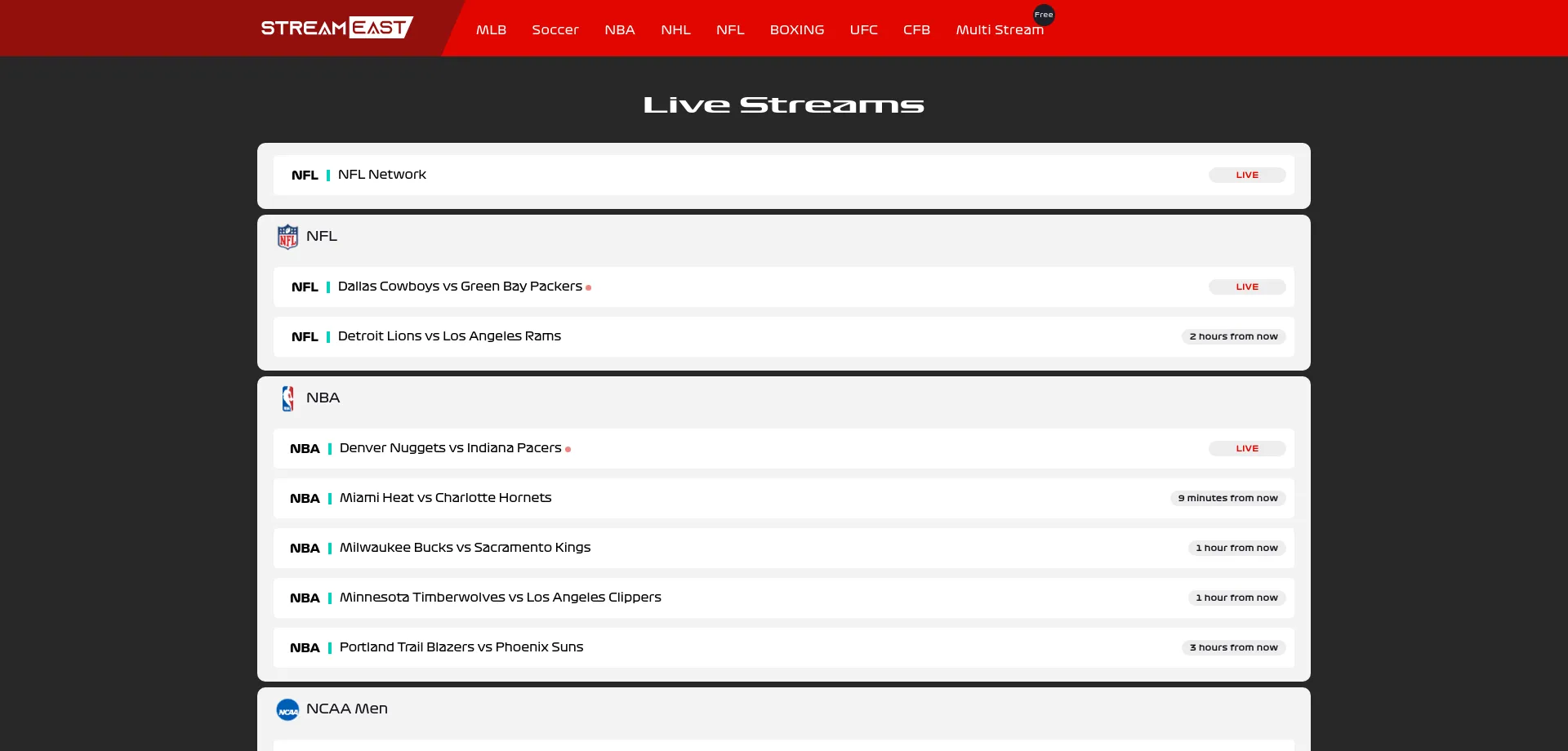 Website screenshot of Streameast.app