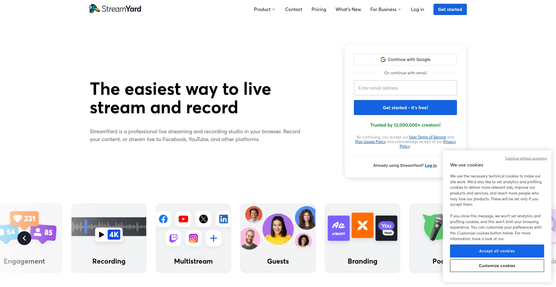 Website screenshot of Streamyard.com