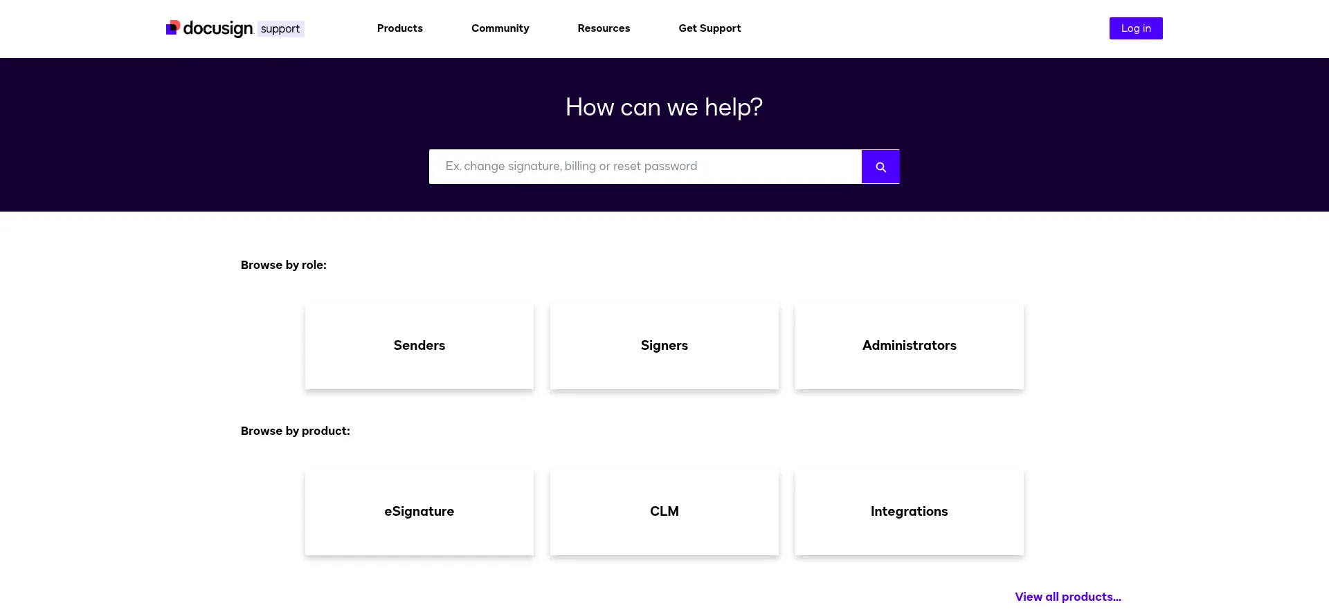 Website screenshot of Support.docusign.com