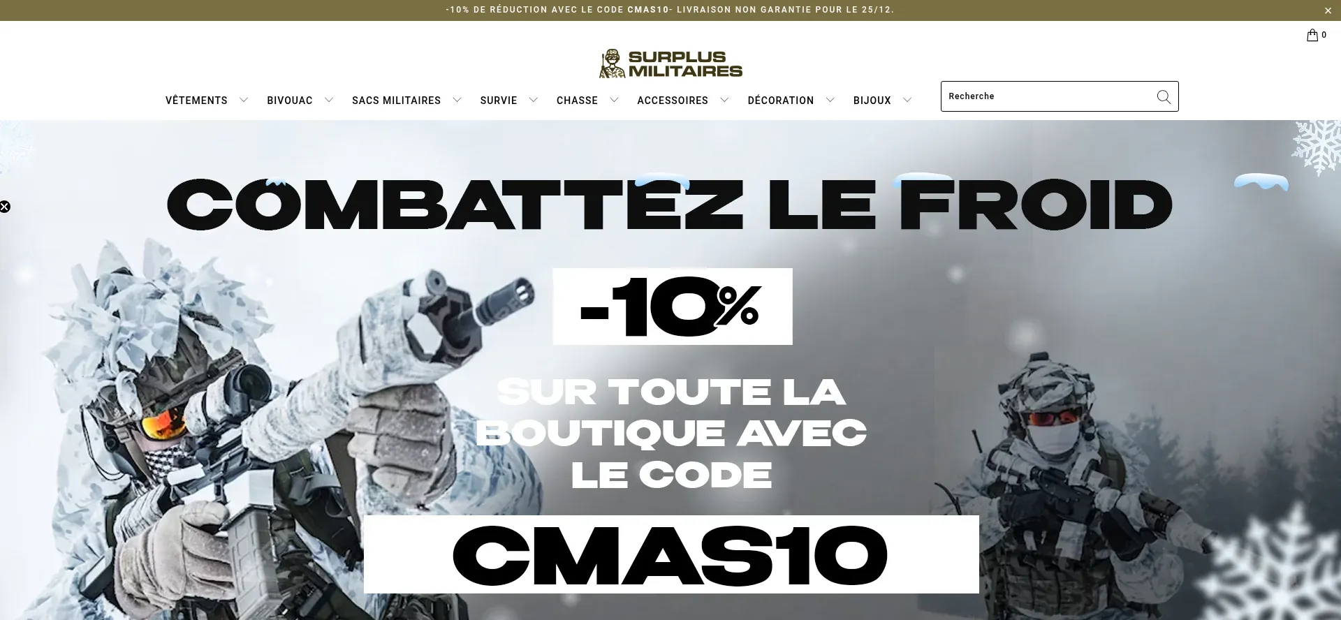 Website screenshot of Surplus-militaires.fr