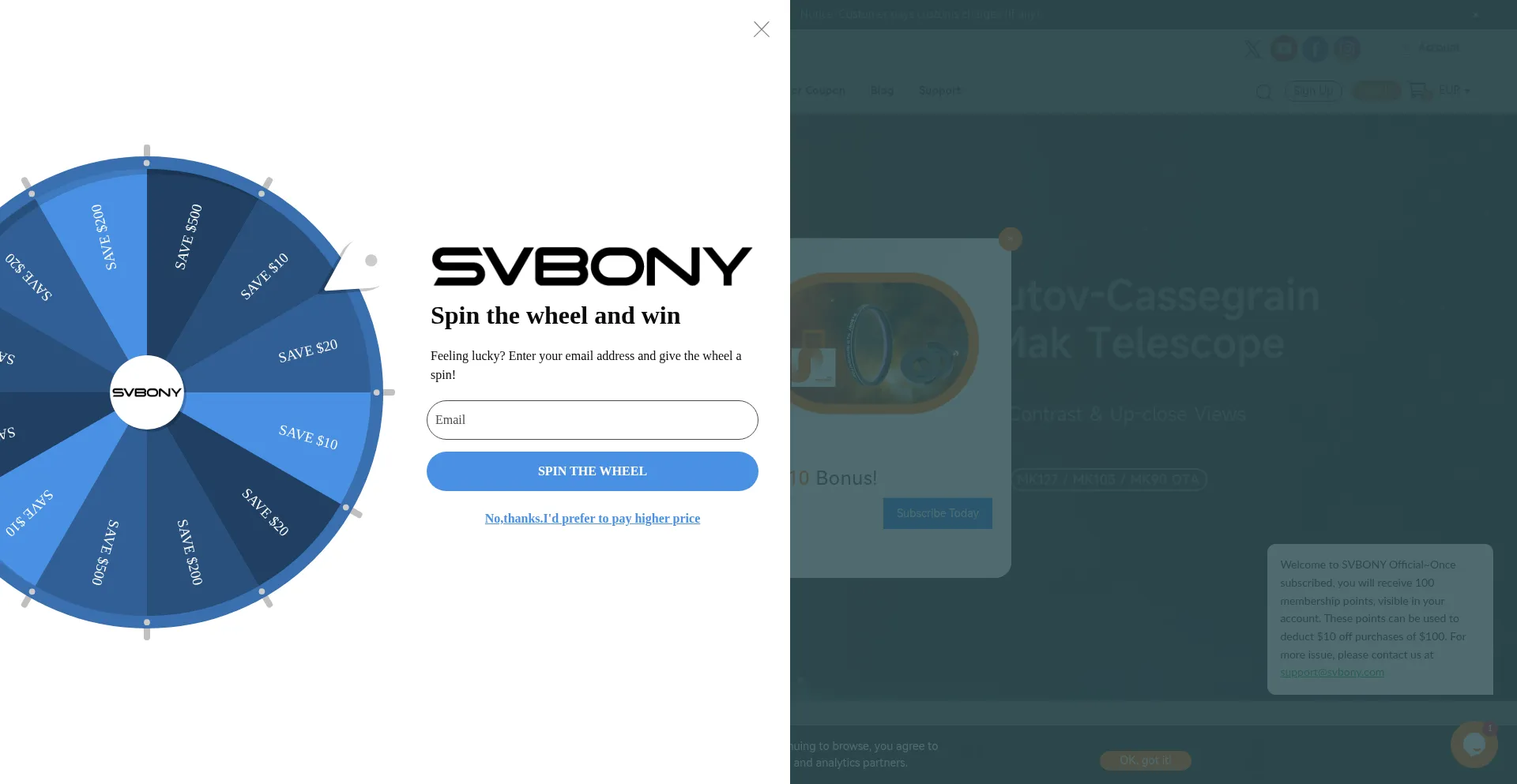 Website screenshot of Svbony.com
