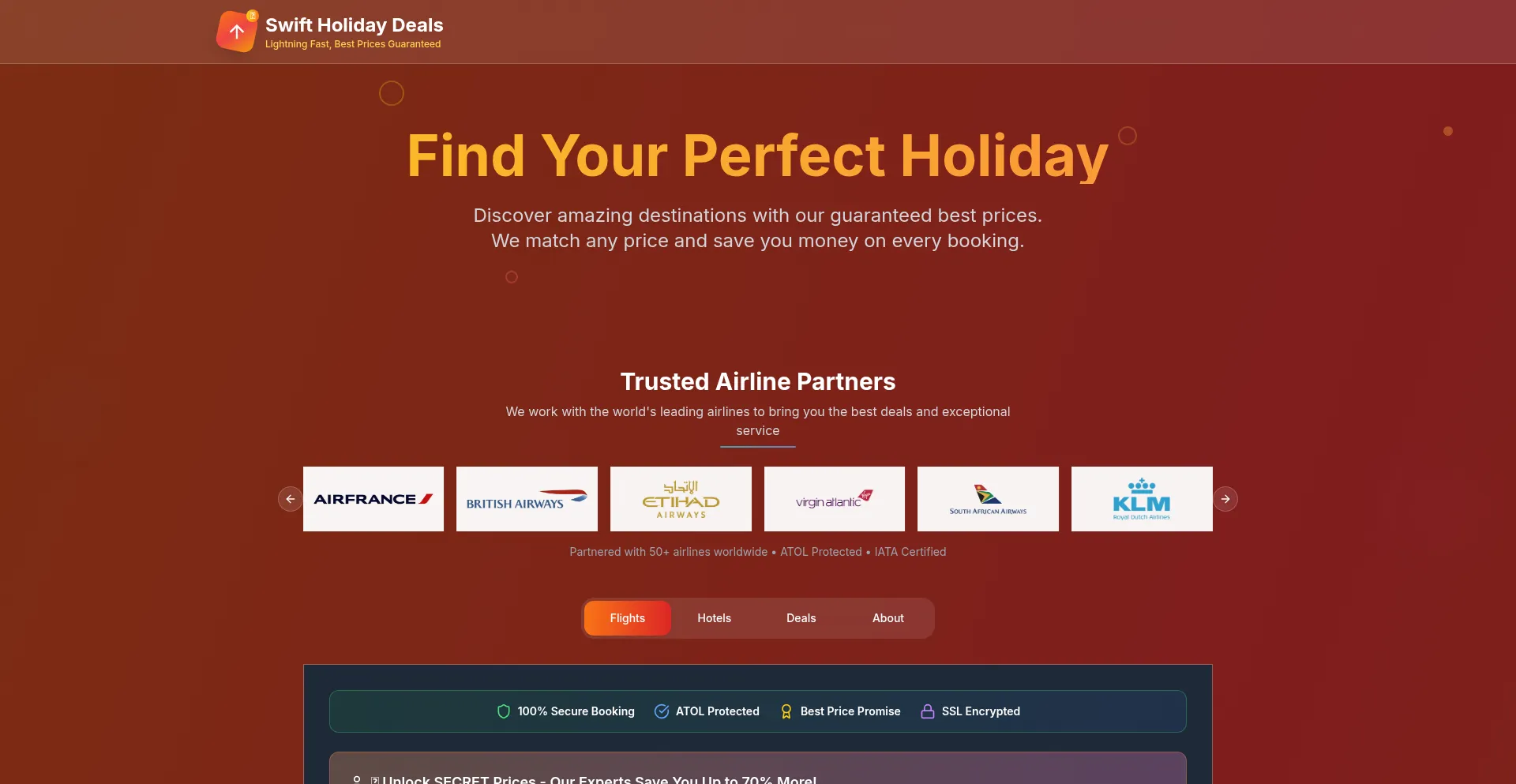 Website screenshot of Swiftholidaydeals.com