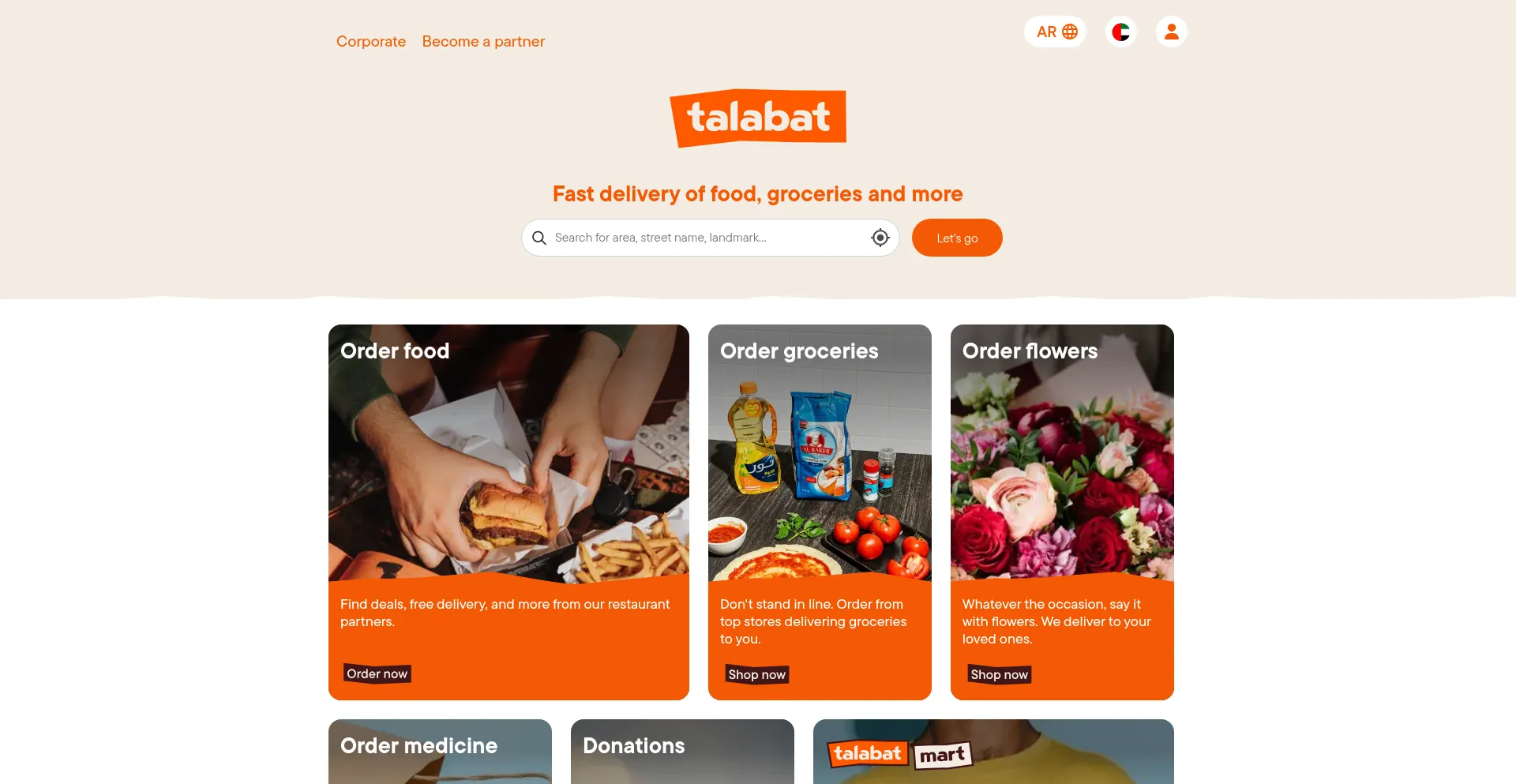 Website screenshot of Talabat.com