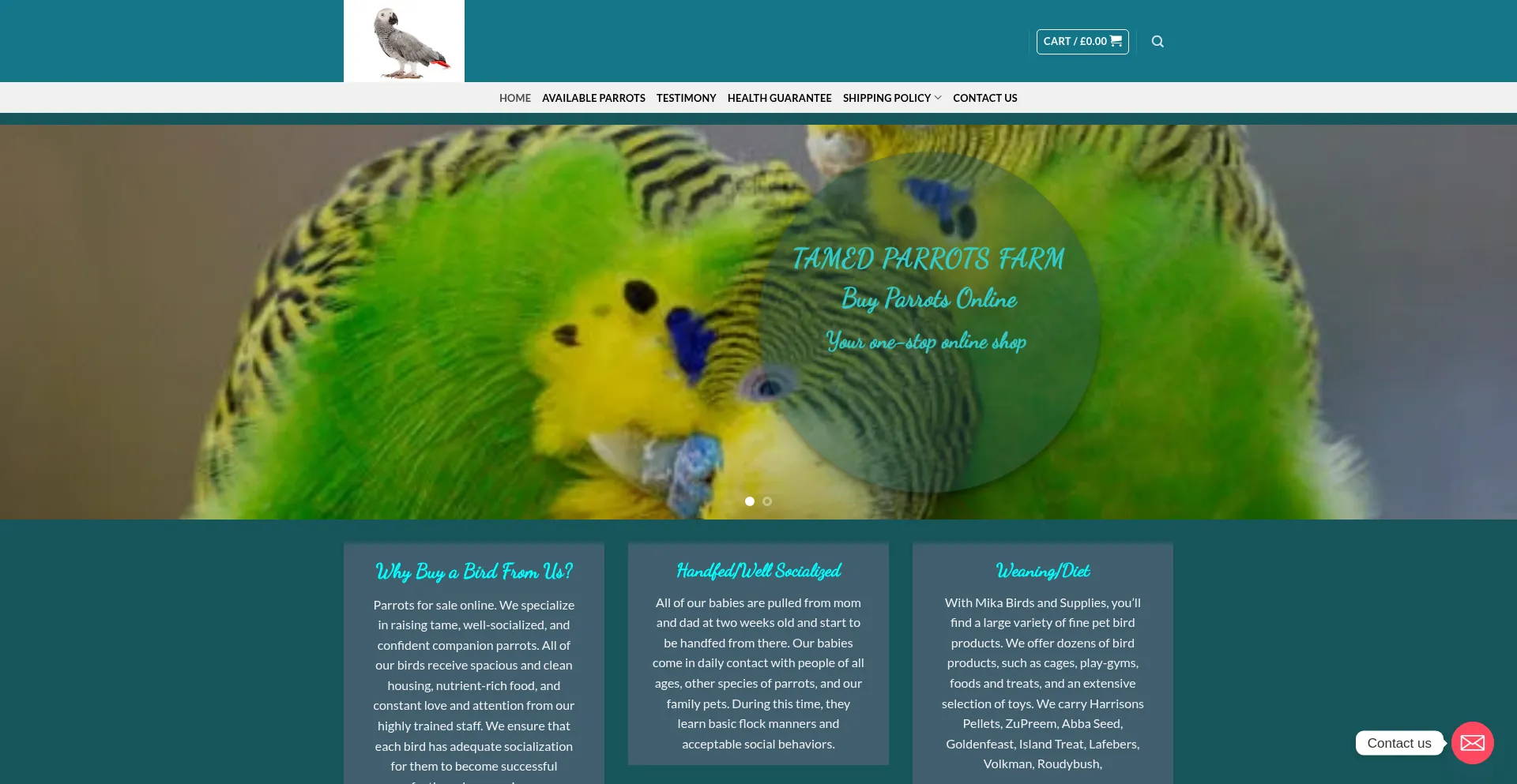 Website screenshot of Tamedparrotsfarm.co.uk