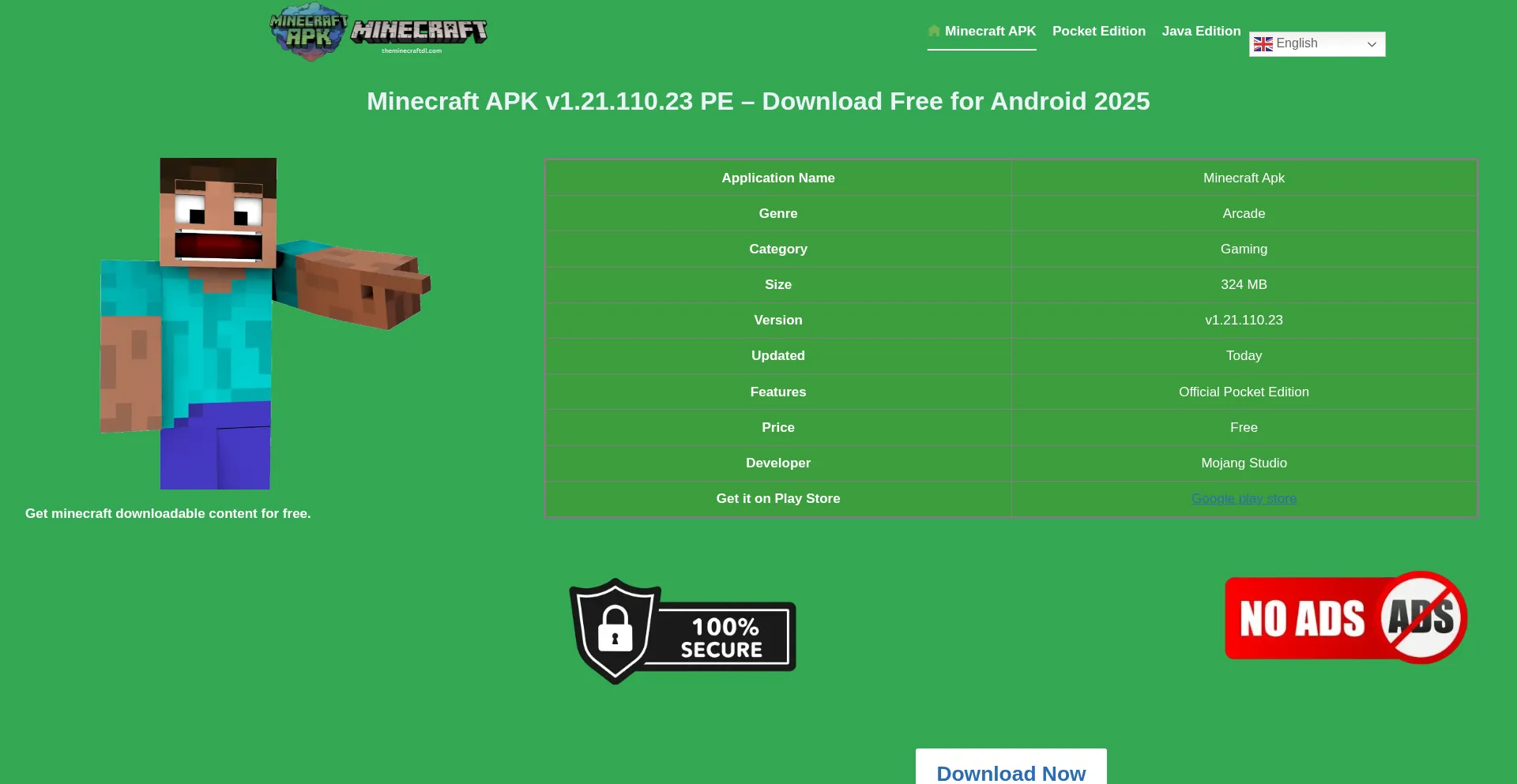 Website screenshot of Theminecraftdl.com