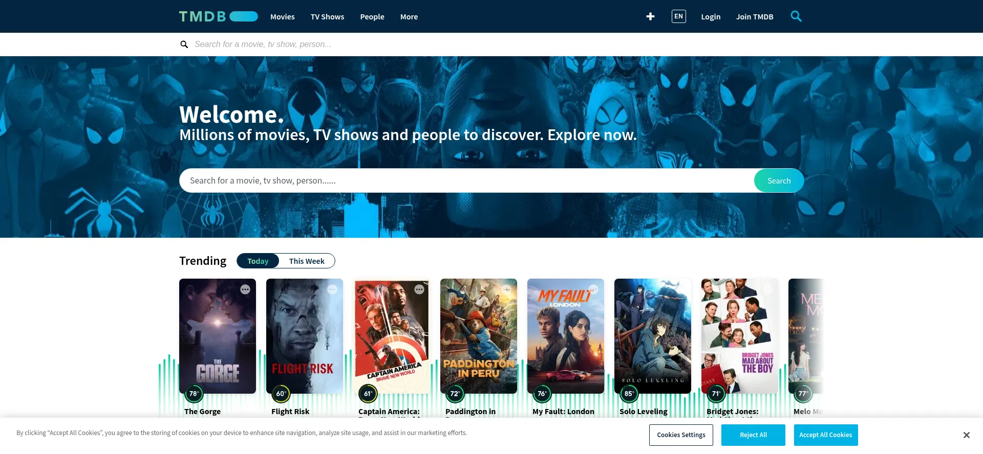 Website screenshot of Themoviedb.org