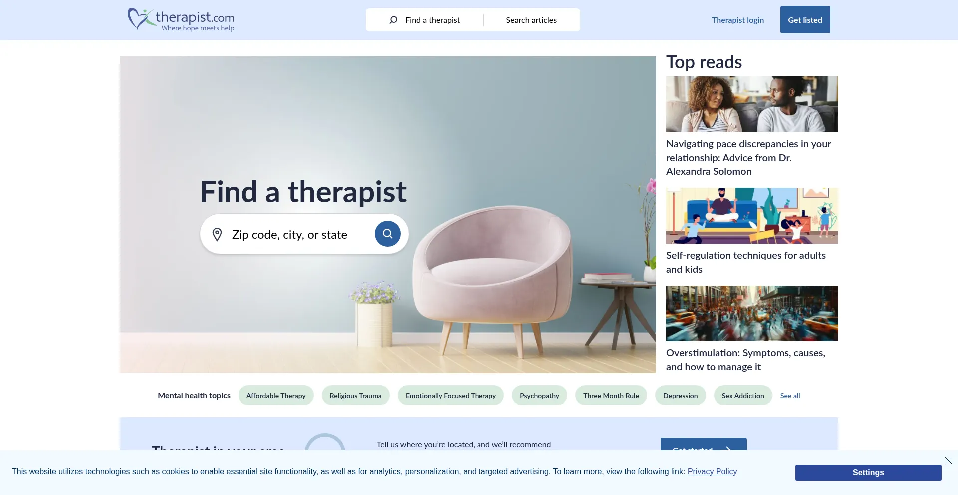 Website screenshot of Therapist.com