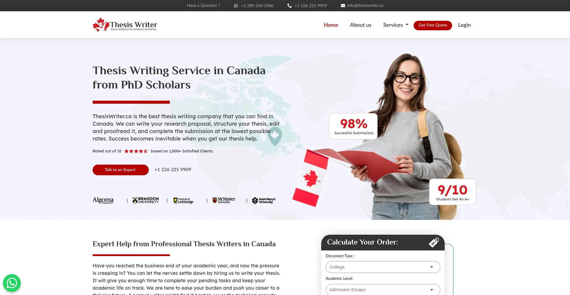 Website screenshot of Thesiswriter.ca