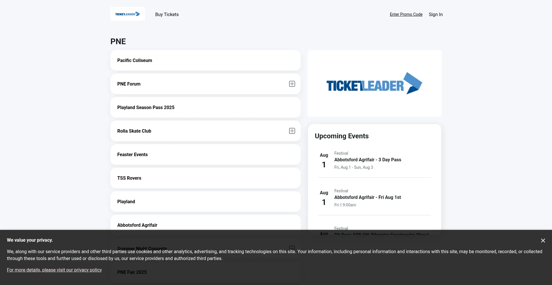 Website screenshot of Ticketleader.evenue.net